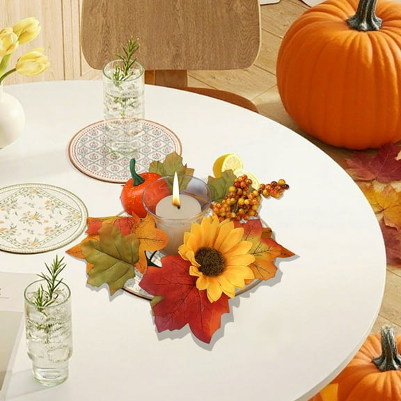Tabletop Candle Ring Centerpiece - Maple Leaf Pumpkin Berry Decor for Festive Dining Display - Reusable for Thanksgiving Celebrations