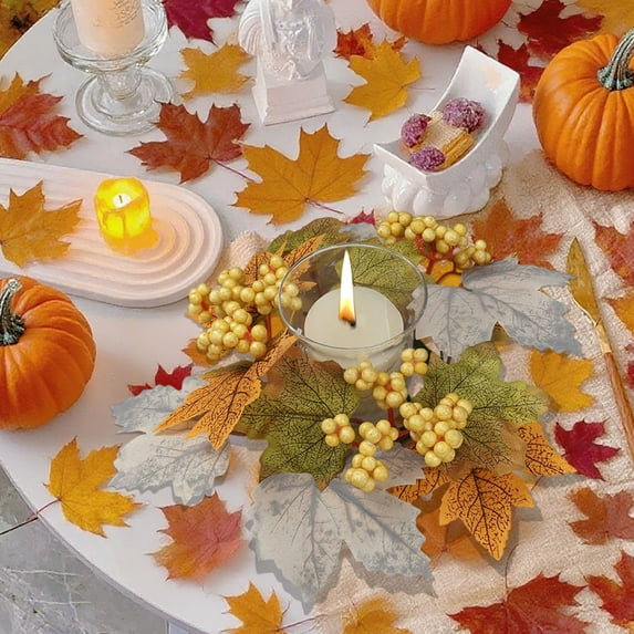 Tabletop Candle Ring Centerpiece - Maple Leaf Pumpkin Berry Decor for Festive Dining Display - Reusable for Thanksgiving Celebrations