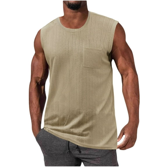 JMKQLZ Tank Tops for Men, Casual Knitting Cotton Sleeveless Blouse Summer Solid Color Round Neck Tank Vest,Khaki,M