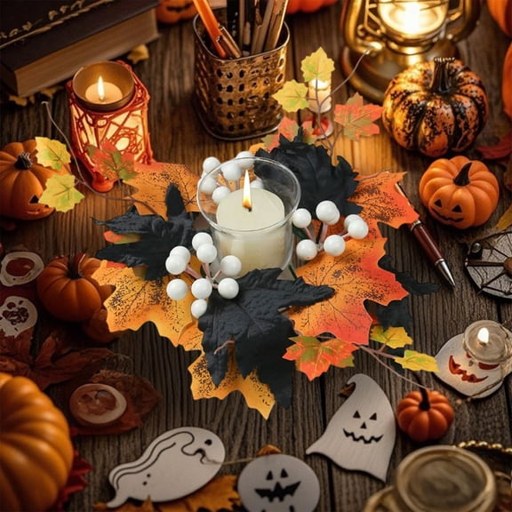 Thanksgiving Inspired Candle Cup Garland - Maple Leaf Table Ring Decor - Reusable for Tealights and Pillar Candles at Festive Gatherings
