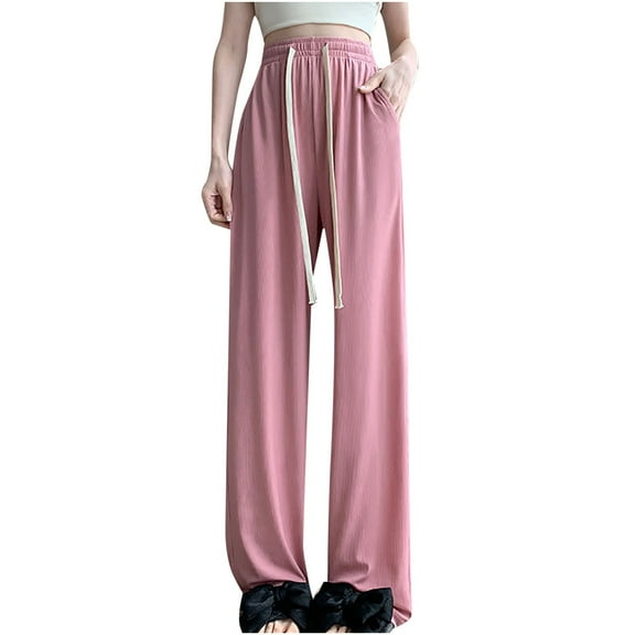 JMKQLZ Wide Leg Pants for Women Summer Flowy High Waisted Trousers Fashionable Straight Tube Pants Casual Loose Solid Trousers,Pink,2XL