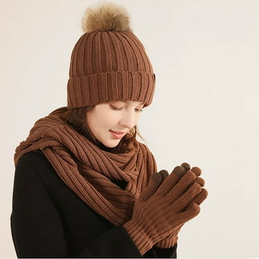 JMKQLZ Winter Beanie Hat Scarf Gloves, Warm Knit Solid Color Hats with Pom-Pom Touch Screen Gloves Neck Warmer Scarf Set Winter Gifts for Unisex Adult