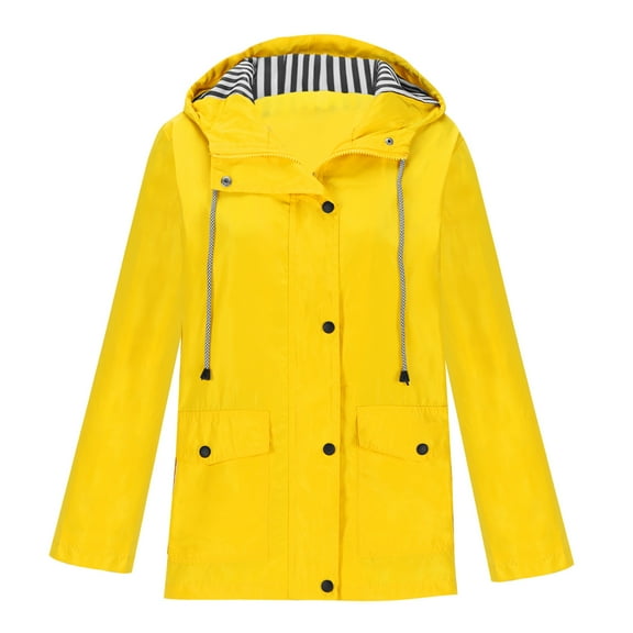 JMKQLZ Women Solid Rain Jacket Outdoor Hooded Raincoat Windproof Top, Yellow, Size: 4XL