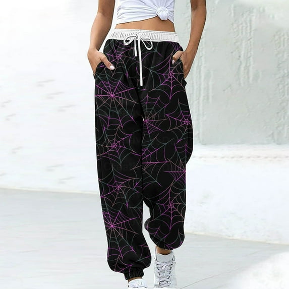 JMKQLZ Women Streetwear Sweatpants Halloween Spider Web Printed High Waisted Lounge Trousers, Women Loose Casual Halloween Printed Pocket Drawstring Pants,Orange