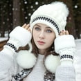thumbnail image 1 of JMKQLZ Women Winter Beanie Hats Gloves Set Knit Caps with Pompoms Printing Warmth Plush Thick Hats Mittens Suits, 1 of 6