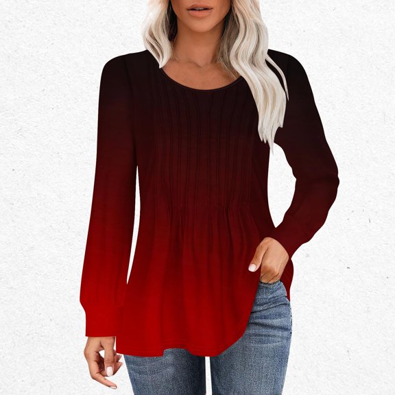 JMKQLZ Women's Casual Fashion Loose Pleated Round Neck Gradual Long-Sleeved Tops, Wine, Size: XL