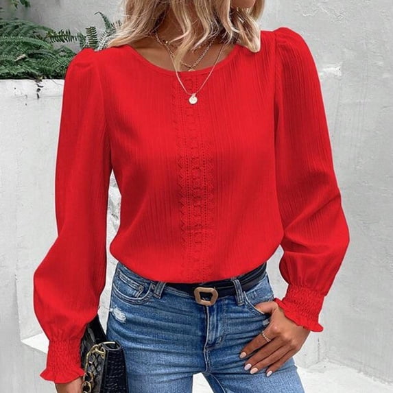JMKQLZ Women's Casual Solid Color Lace Patchwork Long Sleeved Round Neck Top/shirt, Red, Size: 2XL