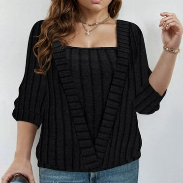 JMKQLZ Women's Solid Color Stripe V-neck Long Sleeved Fake Two-piece Top, Black, Size: 2XL