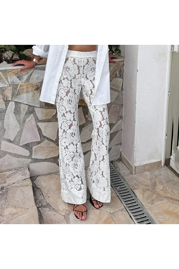 JMKQLZ Women's Solid Color Summer Lace Flower Hollowed Out Micro Flared Pants, White, Size: S