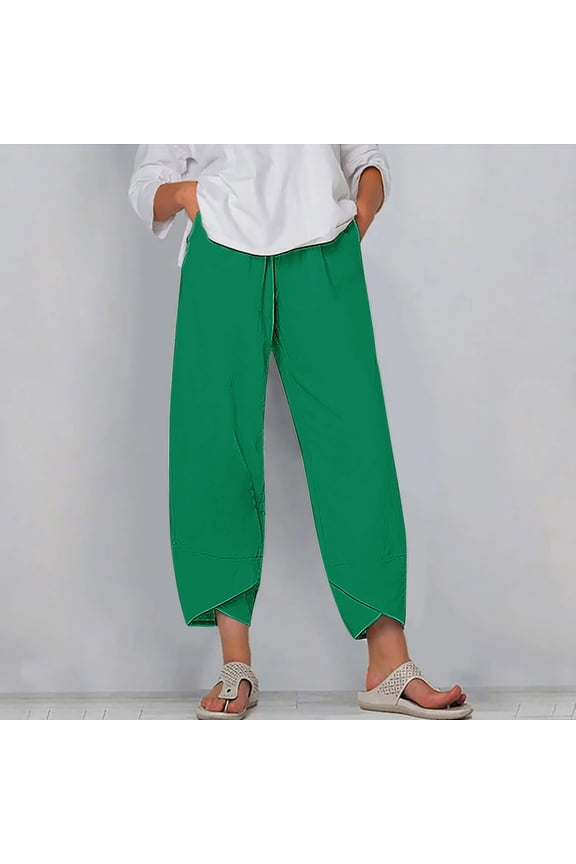 Women's Summer Comfortable Loose Wide Legged Fashion Solid Color Capris, Green, Size: L