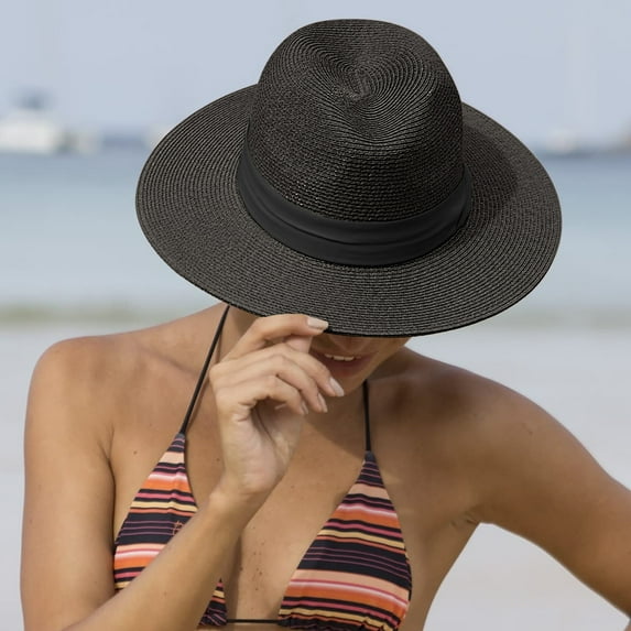 JMKQLZ Women's Sun Hat, Wide Rimmed Sun Protection Straw Hat Summer UV Protection Beach Cap with Ribbon