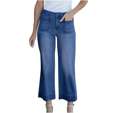 JMKQLZ Women's Wide Leg Jeans Loose and Slim Straight Leg Jeans Casual Solid Color Denim Pants with Pocket,Dark Blue,2XL