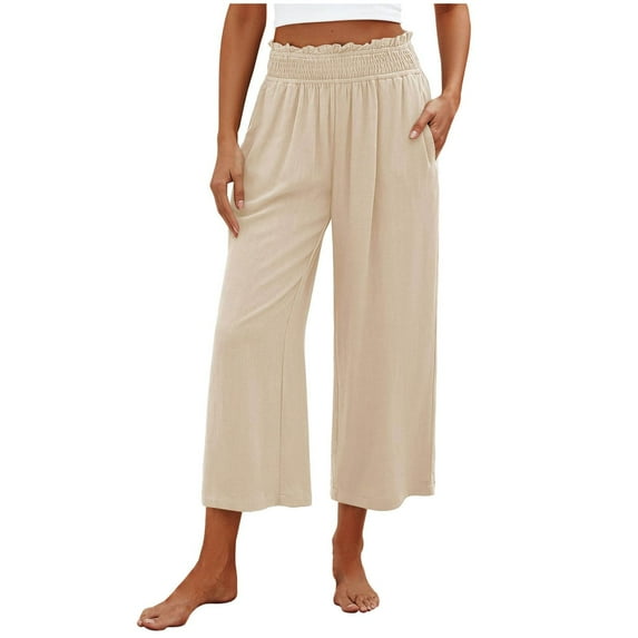 JMKQLZ Womens Capris Pants, High Waist Wide Leg Cropped Pants Flowy Casual Loose Spring Summer Solid Trousers with Pocket,Beige,2XL