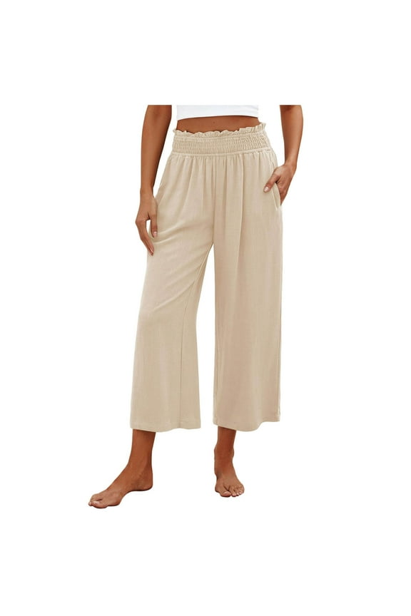 JMKQLZ Womens Capris Pants, High Waist Wide Leg Cropped Pants Flowy Casual Loose Spring Summer Solid Trousers with Pocket,Beige,M