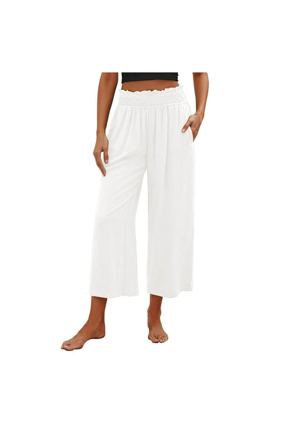 JMKQLZ Womens Capris Pants, High Waist Wide Leg Cropped Pants Flowy Casual Loose Spring Summer Solid Trousers with Pocket,White,M