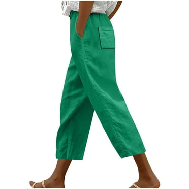 JMKQLZ Womens Capris Pants High Waisted Wide Leg Trousers with Drawstring Casual Loose Cropped Pants with Pockets,Green,L