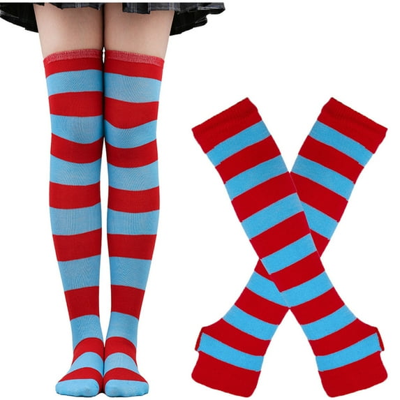 JMKQLZ Womens Knee High Socks and Long Knitted Arm Warmers Sets Striped Printed Fingerless Gloves and Stockings Suits