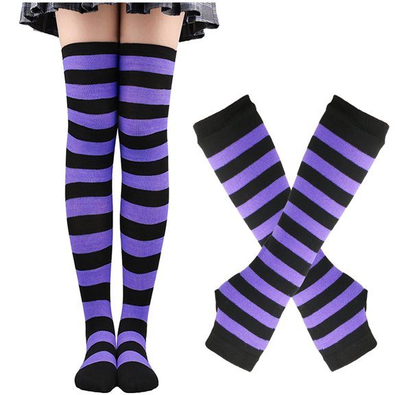 JMKQLZ Womens Knee High Socks and Long Knitted Arm Warmers Sets Striped Printed Fingerless Gloves and Stockings Suits