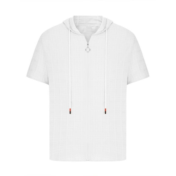 JMKQLZ Zipper Hoodies for Men Summer Short Sleeve Shirts Sports Casual Solid Drawstring Hooded Sweatshirts - White - XL