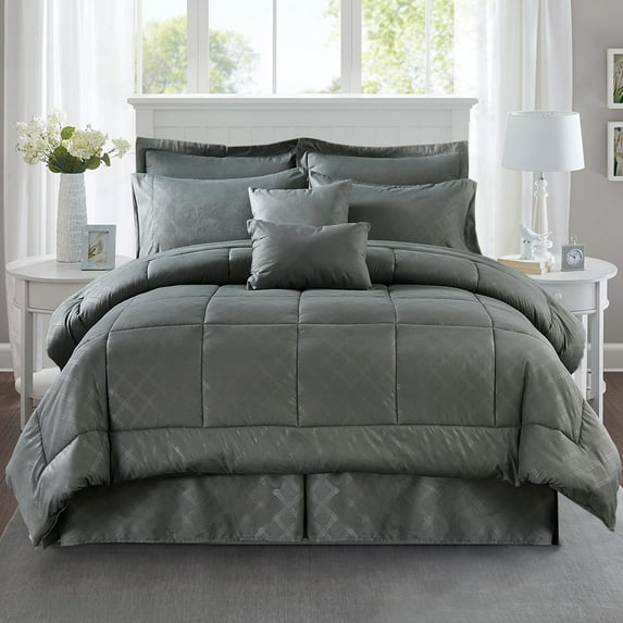 JML 10 Piece Bed in a Bag Quilted Diamond Comforter Set with Sheets, King, Grey