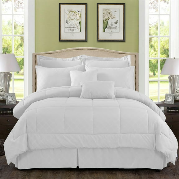 JML 10 Piece Bed in a Bag Quilted Diamond Comforter Set with Sheets, King, White