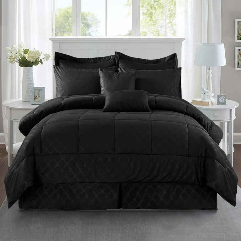 JML 10-Piece Queen Comforter Set, Quilted Diamond, Black, Sheets