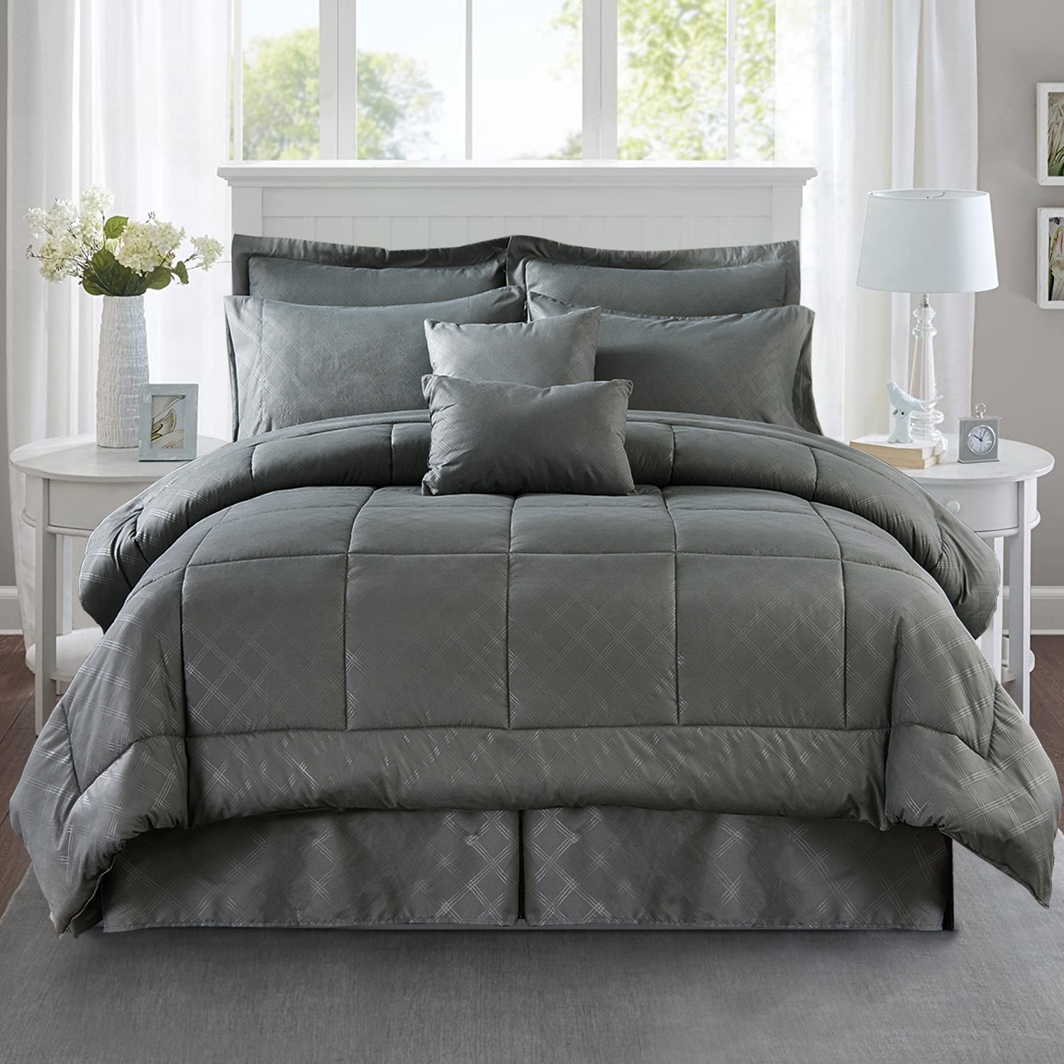 JML 10 Piece Bed in a Bag Quilted Diamond Comforter Set with Sheets, Queen, Grey