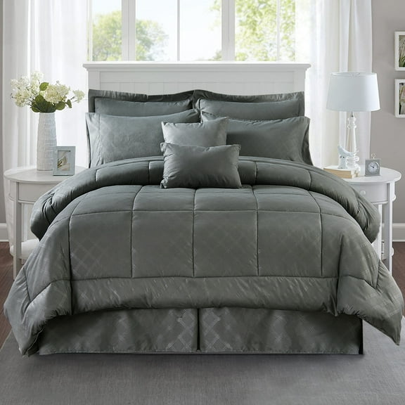 JML 10 Piece Bed in a Bag Quilted Diamond Comforter Set with Sheets, Queen, Grey