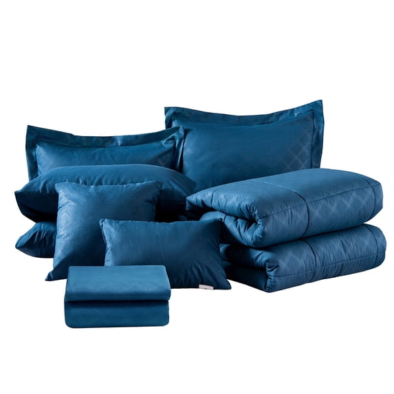 JML 10-piece Solid Plaid Comforter Set Navy Twin 8 Piece