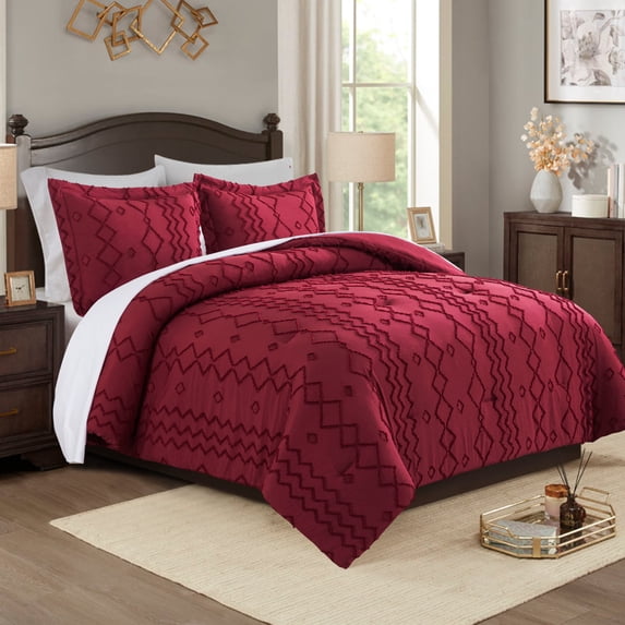 JML 2 Piece Tufted Comforter Set Twin,1 Comforter,1 Pillowcase, Geometric Design, Burgundy