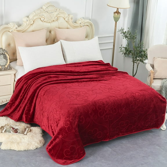 JML 3.3 lb Lightweight Embossed Plush Fleece Bed Blanket, Red, Full/Queen