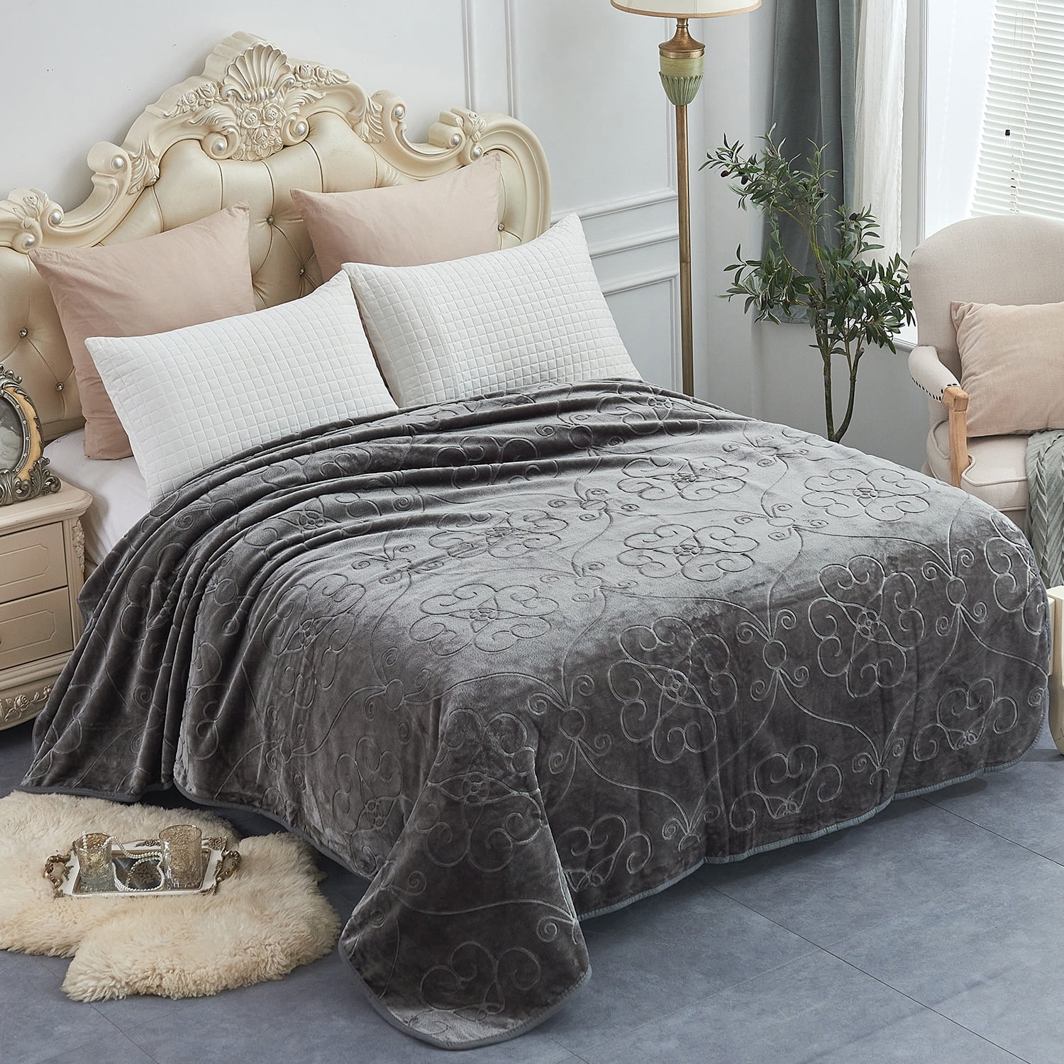 JML 3.3 lb Plush Lightweight Embossed Fleece Bed Blanket, Gray, Full/Queen