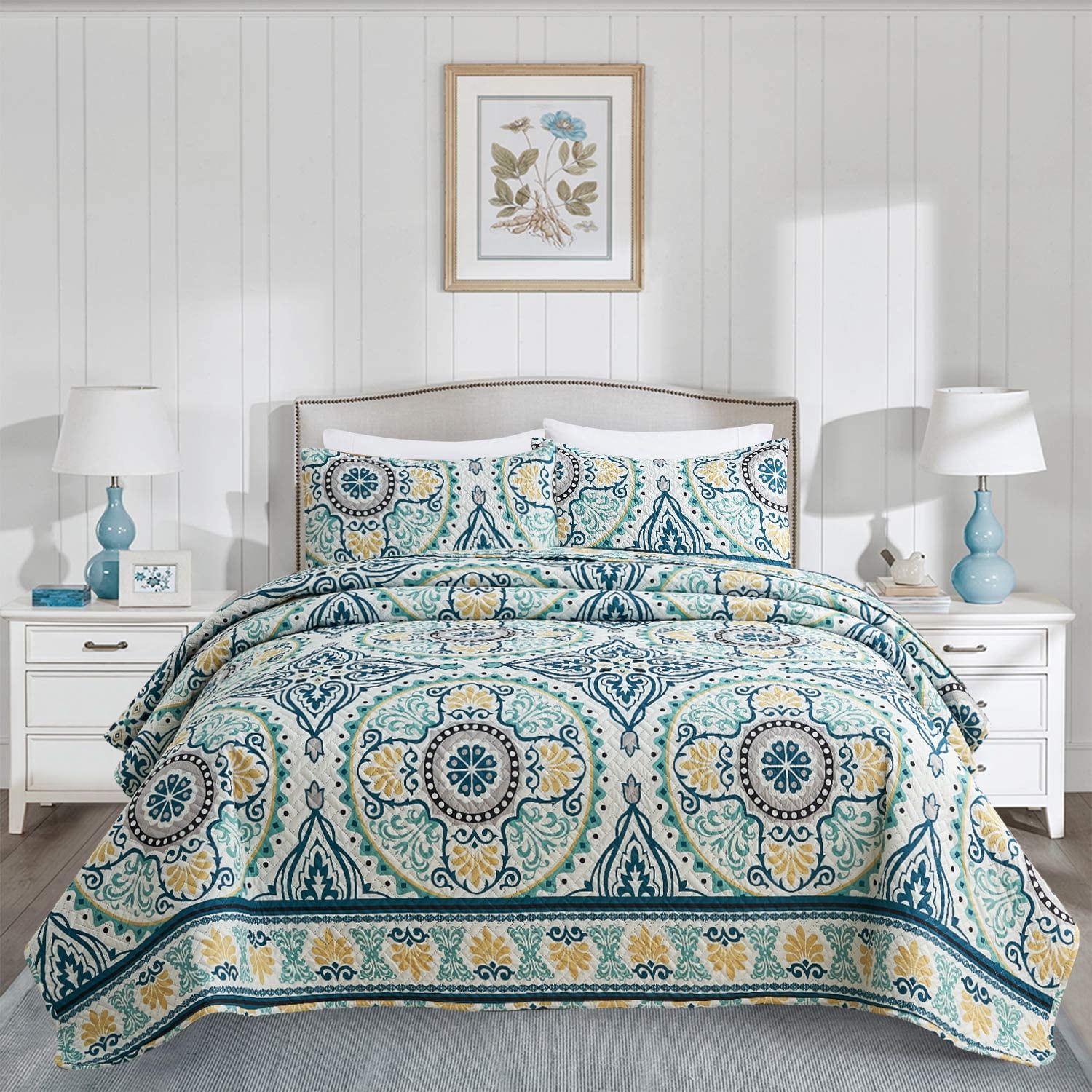 JML 3-Piece Blue Yellow Quilt Sets, King
