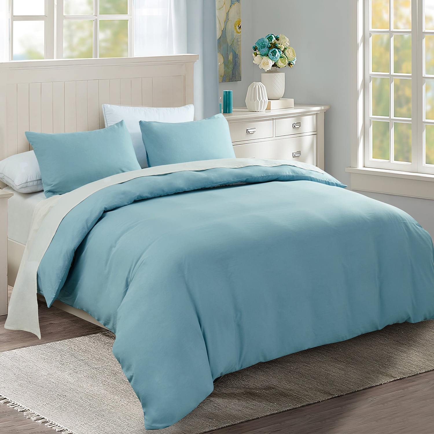 JML 3 Piece Duvet Cover Set, Soft Washed Brushed Microfiber Bedding Set King, Solid Blue