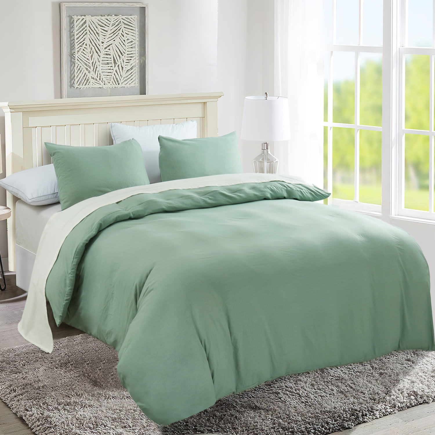 JML 3 Piece Duvet Cover Set, Soft Washed Brushed Microfiber Bedding Set King, Solid Green