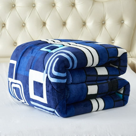 JML 3-Piece Floral Printed Sherpa-Backing Reversible Comforter Set Geometric Blue Queen