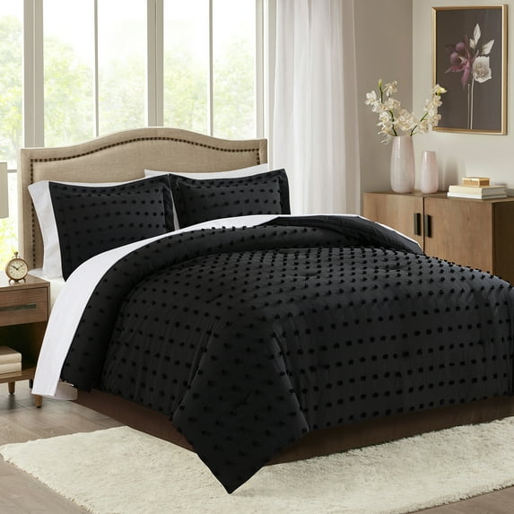 JML 3 Piece King Comforter Set With Pillow Shams, Microfiber Dot Comforter, Black