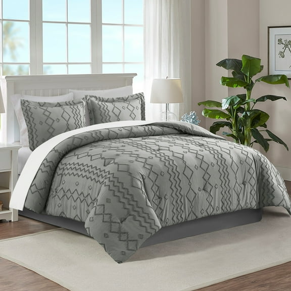 JML 3 Piece King Comforter Set With Pillow Shams, Microfiber Geometric Comforter, Dark Grey