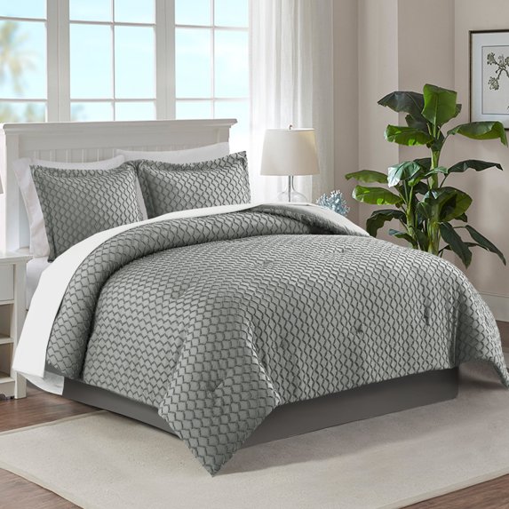 JML 3 Piece Queen Comforter Set With Pillow Shams, Microfiber Diamond Comforter, Dark Grey