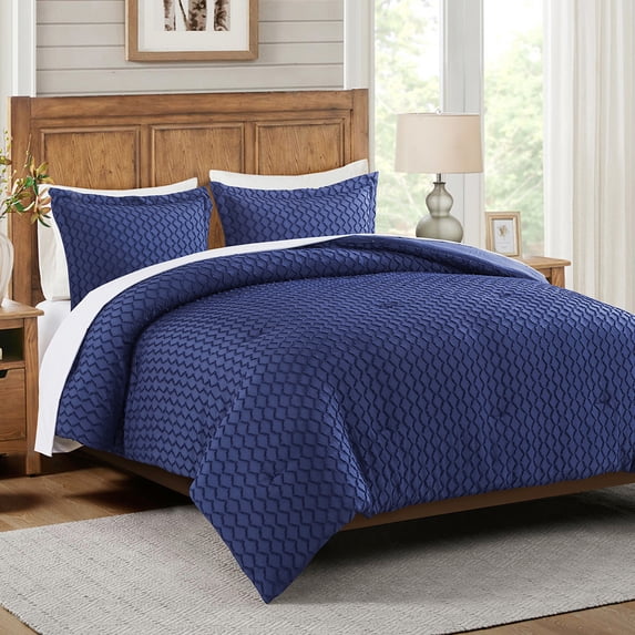 JML 3 Piece Queen Comforter Set With Pillow Shams, Microfiber Diamond Comforter, Navy