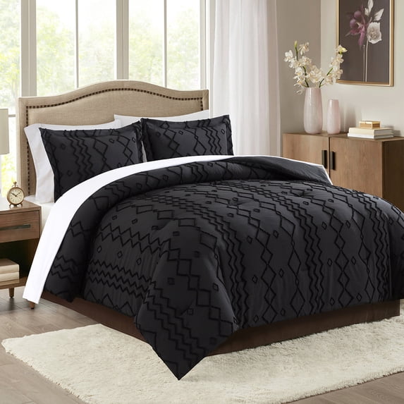 JML 3 Piece Queen Comforter Set With Pillow Shams, Microfiber Geometric Comforter, Black