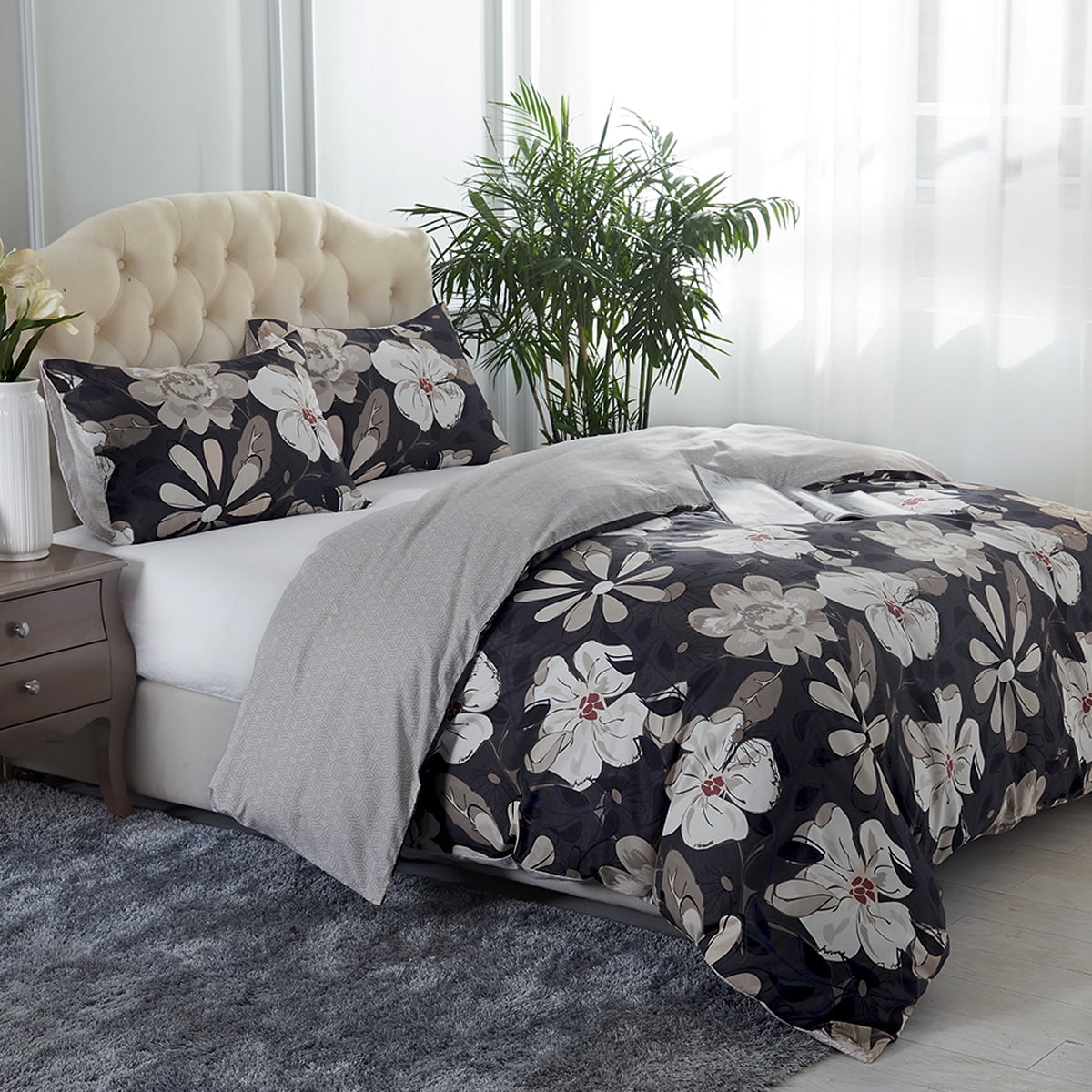 JML, 3 Piece Queen Duvet Set with Zipper Closure & Corner Ties Soft Brushed Microfiber, Imperial White Flower