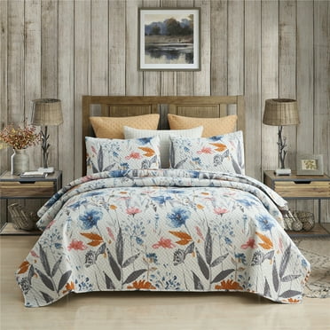 JML 3 Piece Quilt Set King Size,Lightweight Microfiber Bedspread Coverlet,Blue Pink Floral