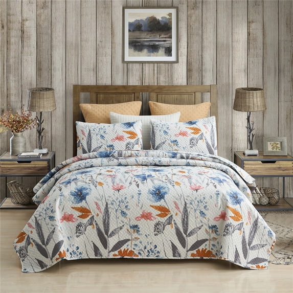 JML 3 Piece Quilt Set King Size,Lightweight Microfiber Bedspread Coverlet,Blue Pink Floral