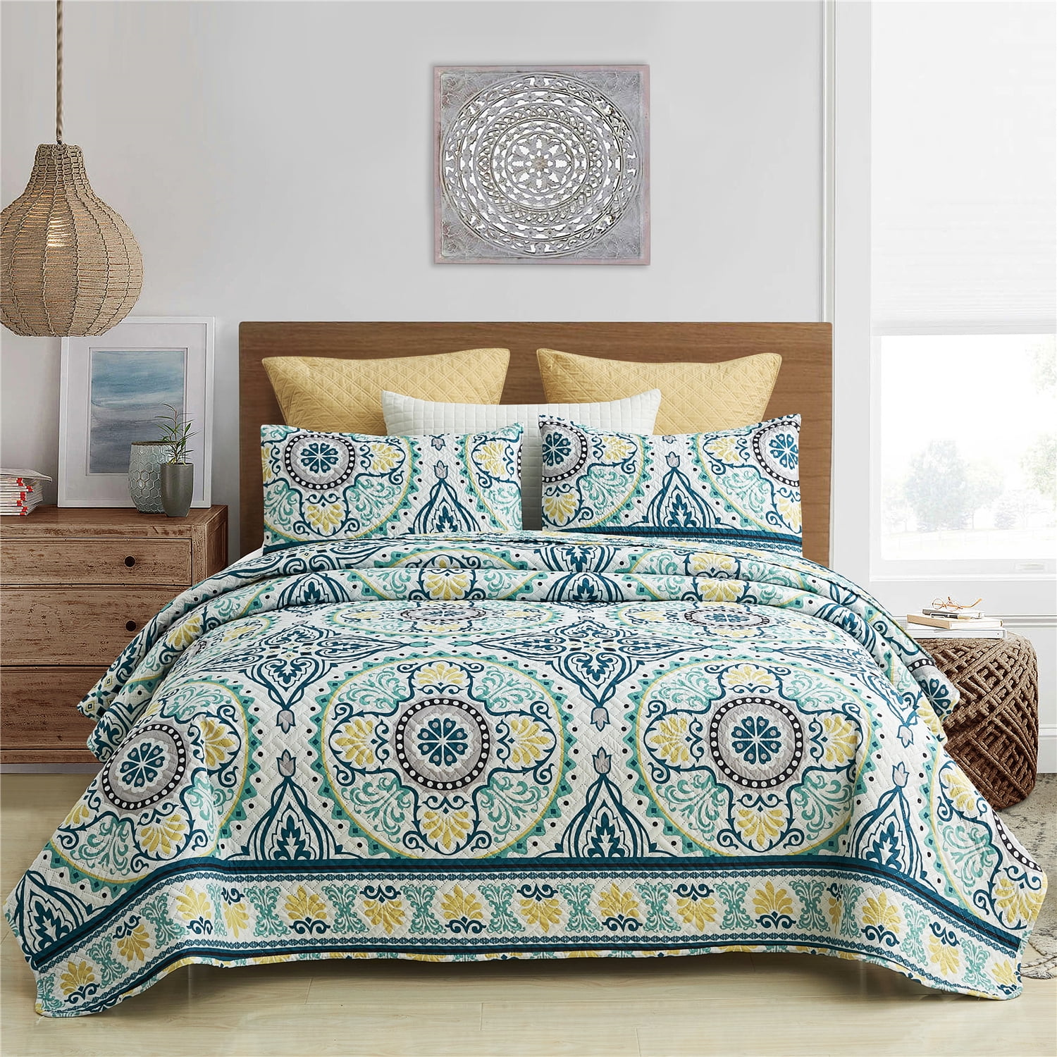 JML 3 Piece Quilt Set King Size,Lightweight Microfiber Bedspread Coverlet,Green Yellow Floral