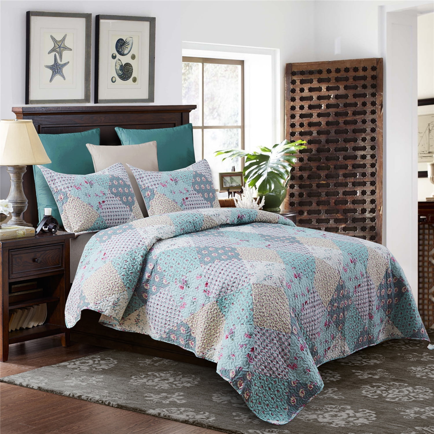 JML 3 Piece Quilt Set Queen Size 88"x92",Lightweight Printed Microfiber Bedspread Coverlet