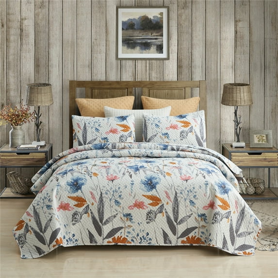 JML 3 Piece Quilt Set Queen Size,Lightweight Microfiber Bedspread Coverlet,Blue Pink Floral