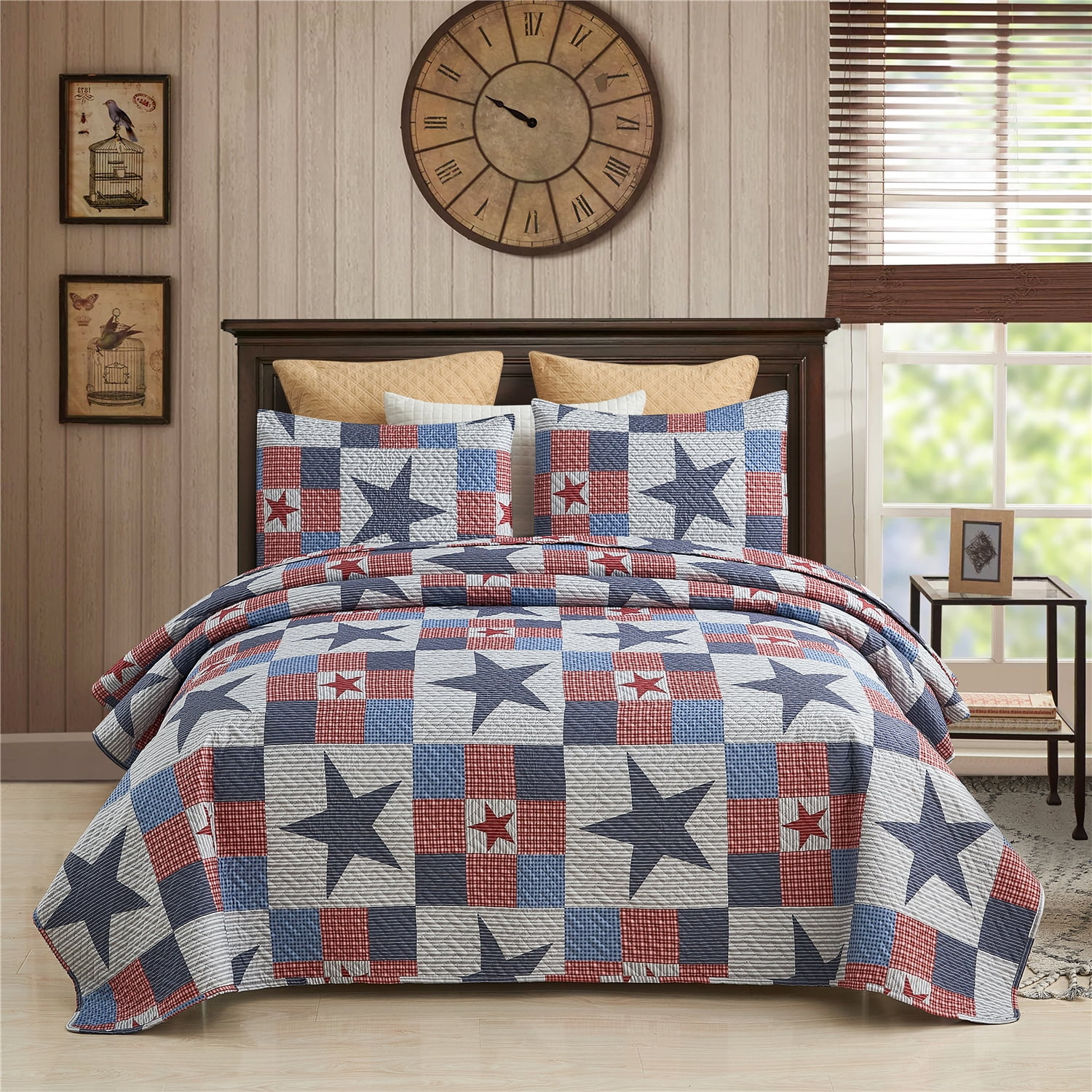 JML 3 Piece Quilt Set Queen Size,Lightweight Microfiber Bedspread Coverlet,Navy & Red Stars