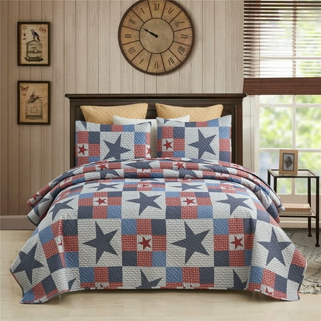 JML 3 Piece Quilt Set Queen Size,Lightweight Microfiber Bedspread Coverlet,Navy & Red Stars