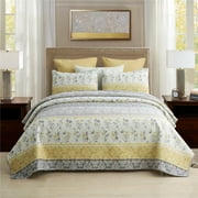 JML 3 Piece Quilt Set Queen Size,Lightweight Microfiber Coverlet Bedspread Set,Grey & Yellow Floral